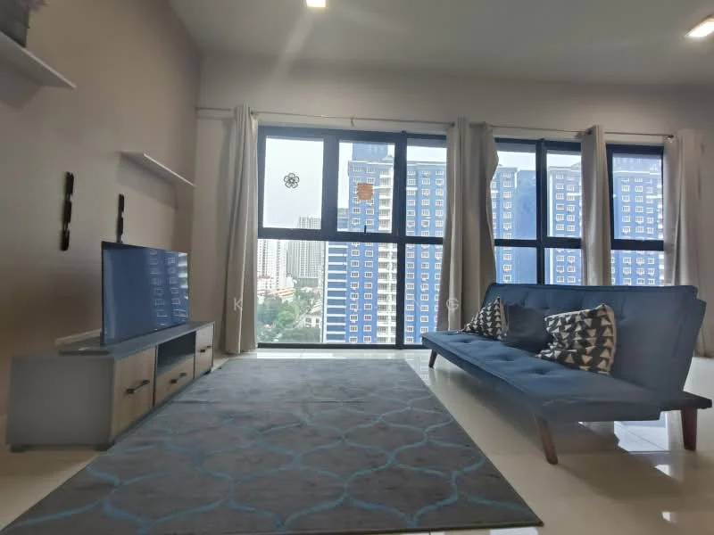 Living features: floor-to-ceiling windows, grey fabric sofa, decorative cushions, TV console, wall-mounted TV, area rug with geometric pattern, light-coloured walls, recessed downlights, curtains, ceramic tile flooring; style: modern; view: city.