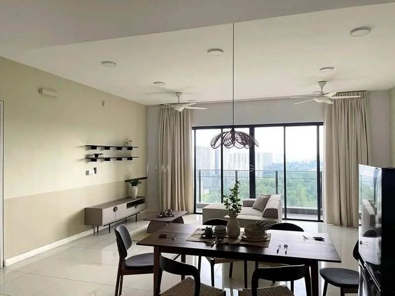 Living features: floor-to-ceiling windows, sliding glass door, sheer curtains, 2 ceiling fans, recessed downlights, wooden dining table, upholstered dining chairs, TV console, sofa, decorative plant, wall-mounted shelving, cream painted walls, tile flooring; style: modern; view: city.