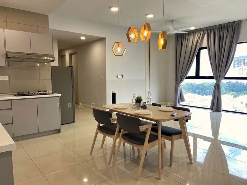Dining features: 4-seater dining table, wooden dining chairs with grey upholstery, pendant lighting with hexagonal shades, white walls, grey tiled flooring, floor-to-ceiling windows, city view, ceiling fan, open-plan layout, kitchen island with seating, stainless-steel gas hob, built-in kitchen cabinetry, refrigerator; style: modern; view: city. Kitchen features: stainless-steel gas hob, built-in kitchen cabinetry, grey tiled backsplash, white countertops, refrigerator; style: modern.