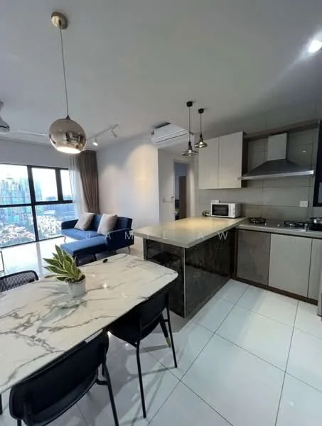 Kitchen features: marble countertop, stainless-steel sink, chrome pull-down faucet, built-in oven, freestanding range oven, microwave, kitchen island, white cabinetry, recessed downlights, floor-to-ceiling windows, city view, tile flooring, air conditioning unit; style: modern; view: city. Living features: 3-seater fabric sofa in navy blue, coffee table, area rug, floor-to-ceiling windows, city view; style: modern; view: city.