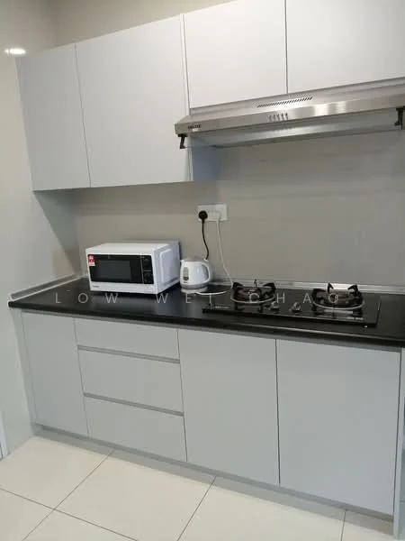 Kitchen features: grey cabinetry, black countertop, stainless-steel range hood, 2-burner gas hob, microwave, built-in oven, white tiled backsplash, ceramic tile flooring; style: modern.