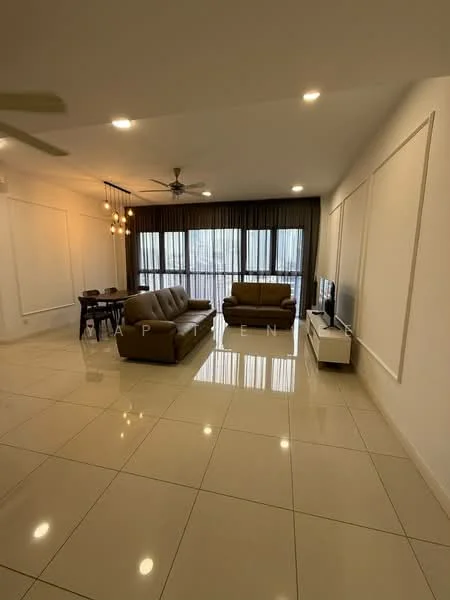 Living features: 3-seater leather sofa in brown, 2-seater leather sofa in brown, coffee table, TV console, wall-mounted TV, ceiling fan with light, recessed downlights, large windows with sheer curtains, glossy tile flooring, white painted walls, dining table with chairs, decorative pendant lights; style: modern; view: city.