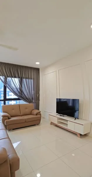 Living features: 3-seater leather sofa in beige, coffee table, wall-mounted TV, TV console with storage, floor-to-ceiling windows, sheer curtains, recessed downlights, glossy tile flooring, white painted walls, crown moulding; style: modern; view: city.