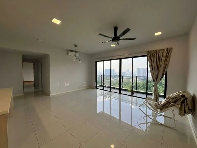 Living features: large floor-to-ceiling windows, sliding glass door, white painted walls, polished ceramic tile flooring, 5-blade ceiling fan with light, recessed downlights, curtains, area rug, open layout, city view; style: modern; view: city. Room features: white painted walls, polished ceramic tile flooring.