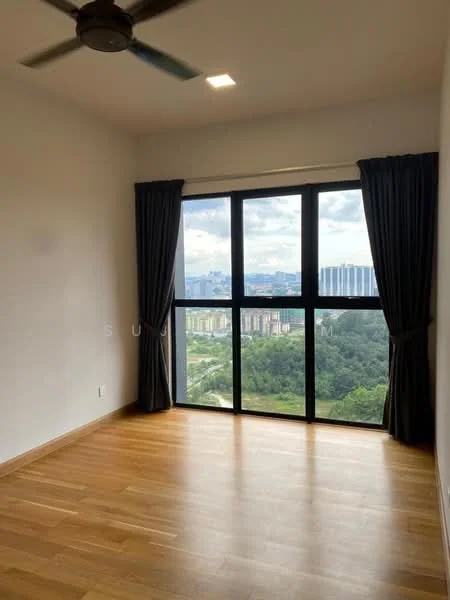 Room features: wooden flooring, floor-to-ceiling windows, blackout curtains, ceiling fan, white painted walls, city view; style: modern; view: city.