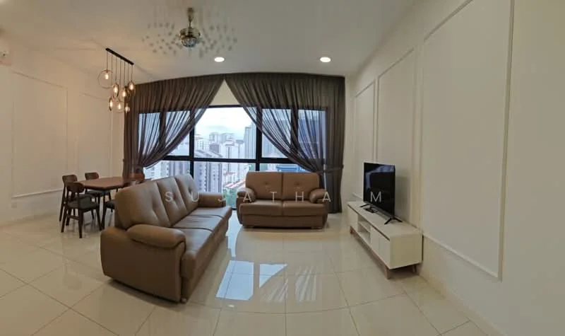 Living features: 3-seater leather sofa in beige, 2-seater leather sofa in beige, coffee table, TV console, wall-mounted TV, floor-to-ceiling windows, sheer curtains, chandelier with multiple bulbs, white painted walls, glossy tile flooring, dining table for 4, decorative wall panels; style: modern; view: city.