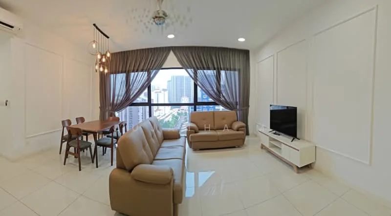 Living features: 3-seater leather sofa in beige, 2-seater leather sofa in beige, wooden dining table for 4, 4 wooden dining chairs, wall-mounted TV, TV console in white, floor-to-ceiling windows, sheer curtains, recessed downlights, ceiling fan with light, white painted walls, glossy tile flooring; style: modern; view: city.