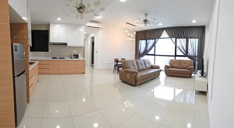 Living features: cream painted walls, white ceiling, 5-blade ceiling fan with light, floor-to-ceiling windows, sheer curtains, glossy tile flooring, 2-seater leather sofa in beige, 3-seater leather sofa in beige, coffee table, TV console, wall-mounted TV, dining table with chairs; style: modern; view: city. Kitchen features: white cabinetry, wooden cabinetry, stainless-steel fridge, built-in oven, gas hob, kitchen island, marble countertop, tile backsplash; style: modern.