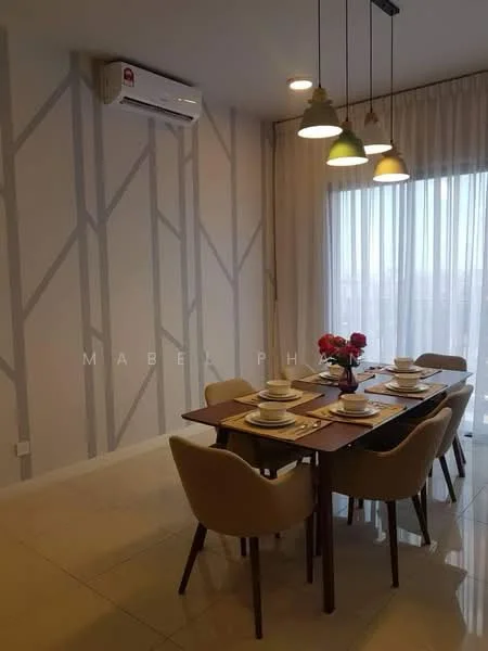 Dining features: 6-seater dining table, beige upholstered dining chairs, white plates, cutlery on the table, floral centerpiece, floor-to-ceiling windows, sheer curtains, air conditioning unit on the wall, recessed ceiling lights, pendant lights above the table, light grey accent wall with geometric pattern, glossy tile flooring; style: modern; view: city.