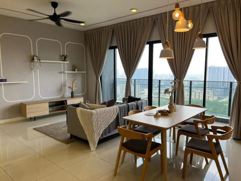 Living features: 5-blade ceiling fan, floor-to-ceiling windows, grey accent wall, light wood shelving, cream sofa with throw blanket, wooden coffee table, area rug, TV console, decorative vase, dining table with 4 wooden chairs, hanging pendant lights; style: modern; view: city.