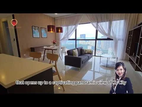 Living features: floor-to-ceiling windows, white painted walls, marble tile flooring, sofa in grey fabric, coffee table, dining table for four, pendant lighting, open shelving unit, sheer curtains, city view; style: modern; view: city.