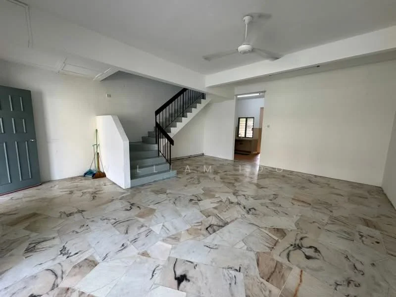 Room features: marble tile flooring, white painted walls, ceiling fan, staircase with wooden handrail, large windows for natural light, open layout, no visible furniture, clean and minimal decor; style: modern.