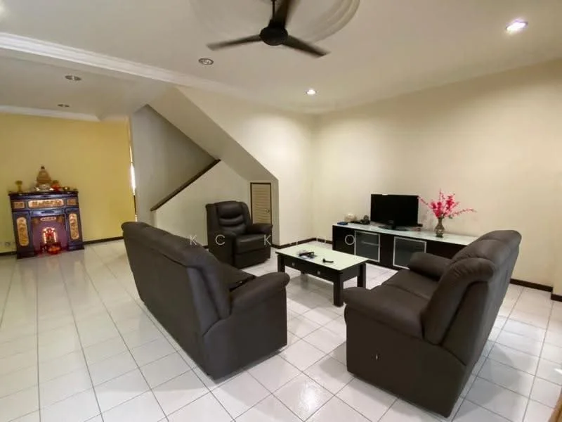 Living features: 3-seater leather sofa in dark brown, 2-seater leather sofa in dark brown, glass coffee table, TV console with storage, wall-mounted TV, ceiling fan, white tiled flooring, neutral painted walls, decorative plant in vase, staircase leading to upper floor; style: modern.