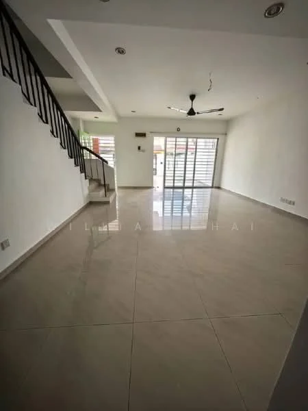 Living features: white painted walls, polished ceramic tile flooring, 5-blade ceiling fan, floor-to-ceiling windows, sliding glass door, natural light from windows, staircase with black railing, recessed downlights; style: modern; view: garden.