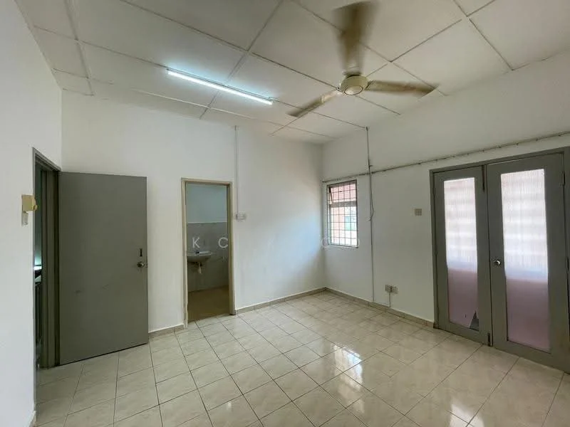 Room features: white painted walls, tile flooring, ceiling fan, window with sheer curtains, door with glass panels, light fixture on ceiling, neutral color scheme, corner space; style: minimalist.