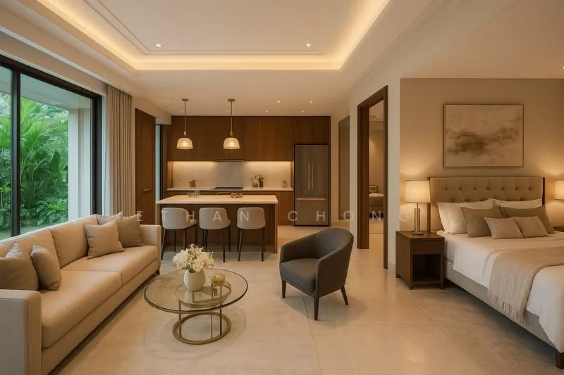 Living features: grey fabric sofa, glass coffee table, recessed downlights, floor-to-ceiling windows, neutral wall colour, tile flooring, decorative artwork, indoor plants, open-plan layout with kitchen, area rug; style: modern; view: garden. Kitchen features: wood cabinetry, stainless-steel fridge, kitchen island with seating, pendant lighting, ceramic backsplash, built-in oven, 4-burner gas hob, sink with faucet; style: modern. Bedroom features: king-size bed, upholstered headboard, bedside lamps, built-in wardrobe, neutral bedding, recessed downlights, floor-to-ceiling windows; style: modern.