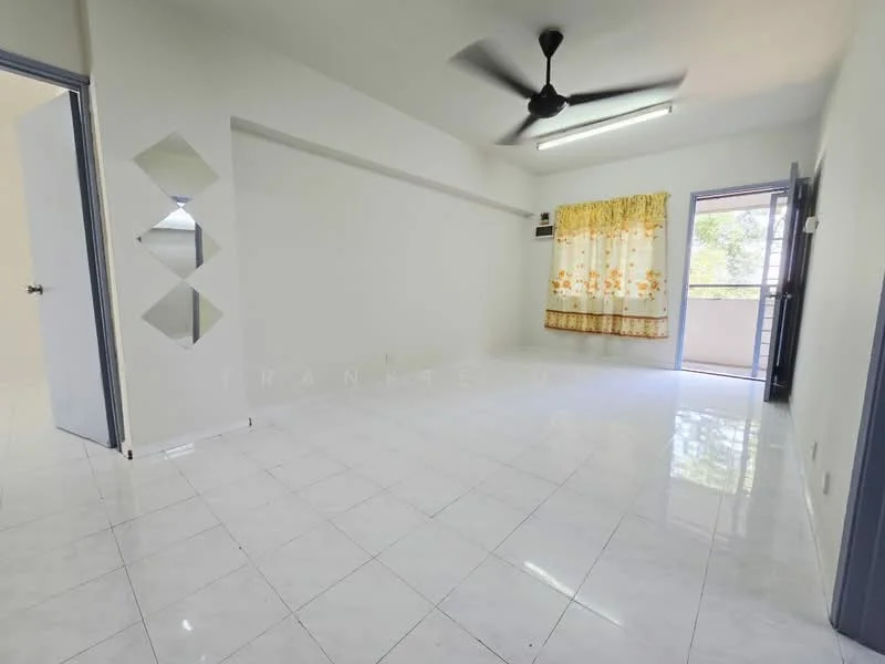 Living features: white painted walls, glossy white tile flooring, 5-blade ceiling fan with light, floor-to-ceiling windows, sliding glass door, curtains with floral pattern, mirror wall decor, air conditioning unit; style: modern; view: garden.