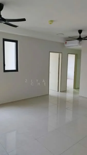Room features: white painted walls, glossy tile flooring, 2 ceiling fans, 1 wall-mounted split AC, 1 window, doorway leading to another room, doorway leading to bathroom, neutral color scheme; style: modern.