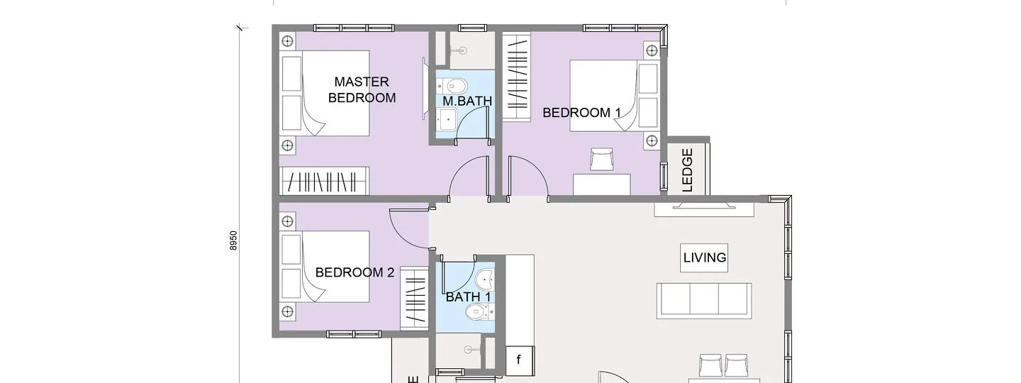 Floor plan: 3-bedroom 2-bathroom unit; features: open-plan living area, master bedroom with ensuite bathroom, bedroom 2 with shared bathroom, ledge area, central foyer, utility room.