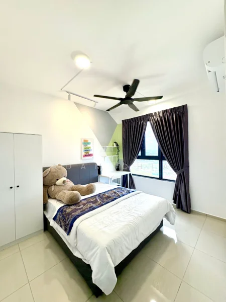 Bedroom features: king-size bed with white bedding, upholstered headboard, large teddy bear on bed, floor-to-ceiling window, blackout curtains, 5-blade ceiling fan, wall-mounted air conditioning unit, built-in wardrobe with sliding doors, glossy tile flooring, recessed lighting; style: modern; view: city.