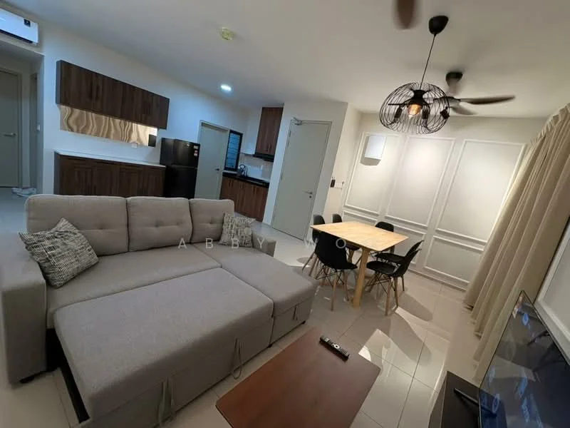 Living features: L-shape sectional sofa in light grey, coffee table, wall-mounted TV, TV console, pendant light, 5-blade ceiling fan with light, cream painted walls, tile flooring, decorative wall paneling, area rug, decorative cushions; style: modern. Dining features: round dining table, 4 dining chairs, wooden dining table, decorative wall paneling; style: modern. Kitchen features: black refrigerator, kitchen cabinetry in dark wood, countertop with backsplash, stainless-steel sink, built-in oven, microwave, tile flooring; style: modern.