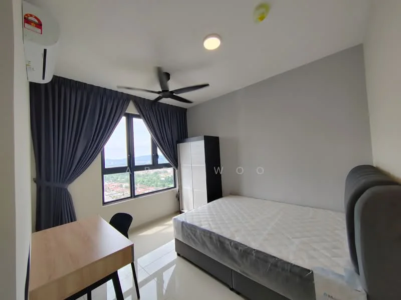 Bedroom features: queen-size bed, upholstered headboard, 2 bedside lamps, study desk, floor-to-ceiling windows, blackout curtains, 5-blade ceiling fan with light, white painted walls, glossy tile flooring, built-in wardrobe, air conditioning unit; style: modern; view: city.