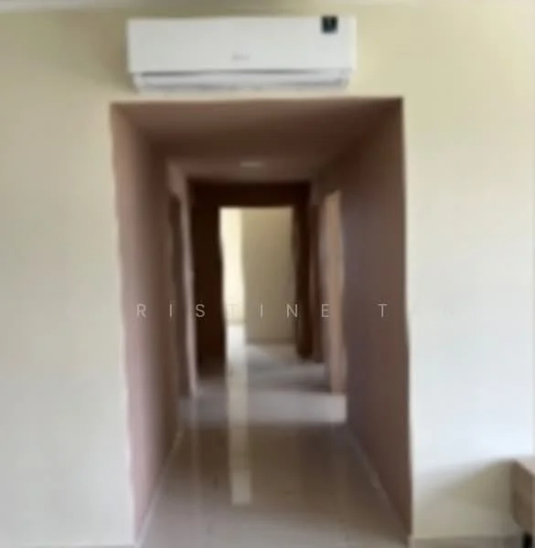 Hallway features: wall-mounted split AC, cream painted walls, glossy tile flooring, recessed lighting, doorways leading to other rooms.