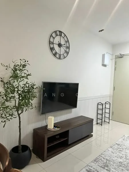 Living features: white painted walls, glossy tile flooring, wall-mounted TV, wooden TV console with storage, decorative clock on wall, indoor plant in pot, metal shelving unit, candle on console; style: modern.