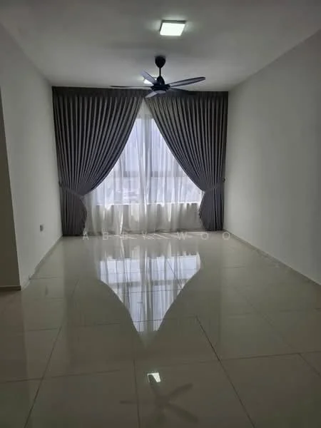 Living features: white painted walls, glossy ceramic tile flooring, 5-blade ceiling fan with light, floor-to-ceiling windows, sheer curtains, blackout curtains, recessed ceiling lights; style: modern.