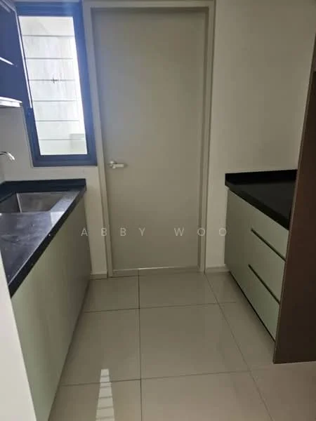 Kitchen features: single-bowl stainless-steel sink, chrome pull-down faucet, black granite countertop, light green cabinetry, drawer storage, white tiled walls, white ceramic tile flooring, window with view to outside; style: modern.