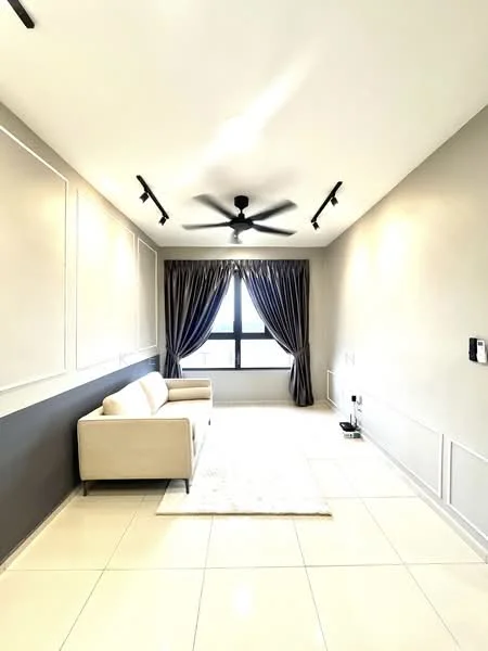 Living features: light grey painted walls, dark grey accent wall, white tiled flooring, 5-blade ceiling fan with light, recessed LED downlights, floor-to-ceiling window, sheer curtains, sofa in cream color, area rug in light color, wall-mounted intercom; style: modern.