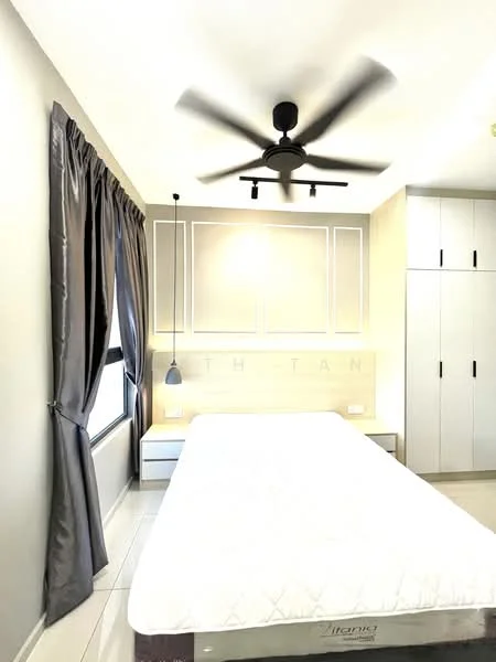 Bedroom features: queen-size bed, upholstered headboard, 2 bedside tables, floor-to-ceiling window, grey curtains, 5-blade ceiling fan, recessed LED downlights, built-in wardrobe with sliding doors, light-colored wall with paneling, white tiled flooring; style: modern.