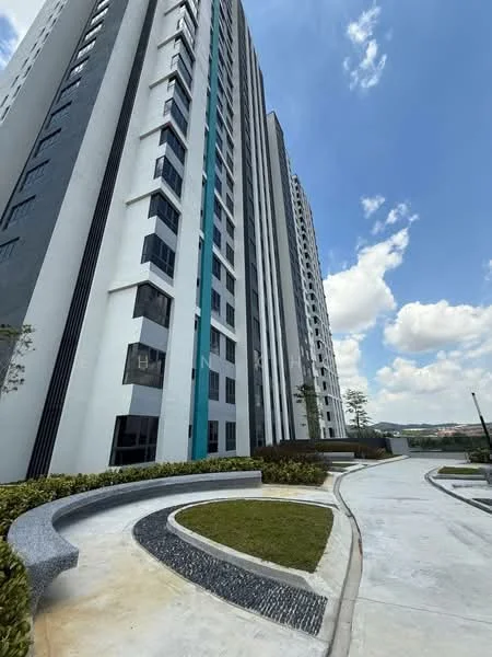 Exterior type: high-rise condominium; features: white painted facade, grey accent panels, glass windows, landscaped garden area, curved stone seating, paved walkway, surrounding greenery, multiple storeys, modern architectural design; style: modern.