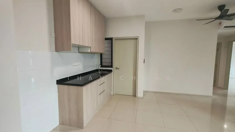 Kitchen features: laminate cabinetry in light wood, black granite countertop, white tiled backsplash, single-bowl stainless-steel sink, chrome pull-down faucet, built-in oven, ceramic tile flooring, recessed downlights, ceiling fan, wall-mounted cabinet, open shelving; style: modern.