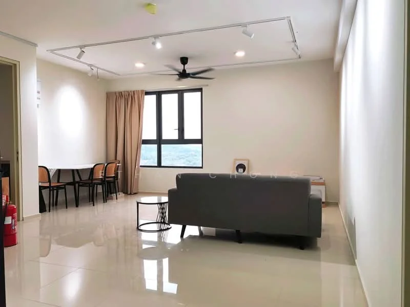 Living features: 3-seater fabric sofa in grey, ceiling fan, recessed LED downlights, floor-to-ceiling windows, curtains in beige, coffee table, TV console, area rug, polished tile flooring, wall-mounted TV, decorative wall art; style: modern; view: city. Dining features: 4-seater dining table, wooden dining chairs, polished tile flooring; style: modern; view: city.