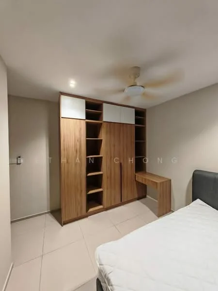 Bedroom features: light wood cabinetry, built-in wardrobe with shelves, study desk attached to wardrobe, ceiling fan, neutral wall colour, tile flooring, queen-size bed, window with natural light; style: modern.