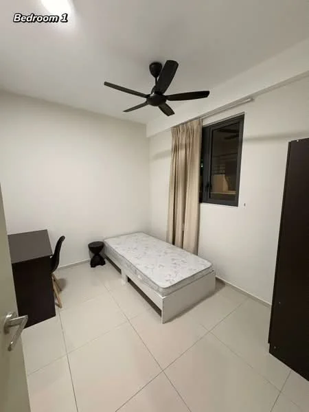 Bedroom features: single bed, white mattress, black ceiling fan, light-colored walls, tiled flooring, curtains, window, study desk, black chair, black stool, wardrobe; style: minimalist.