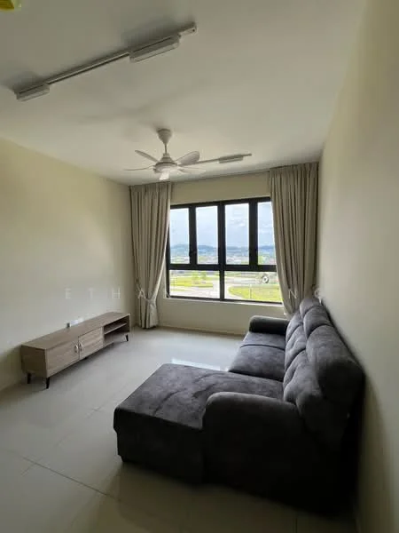 Living features: 3-seater fabric sofa in grey, wall-mounted TV console, floor-to-ceiling windows, curtains, ceiling fan, light-colored walls, tile flooring, view of the landscape; style: modern; view: landscape.