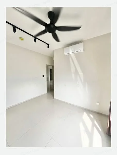 Room features: light-colored painted walls, tile flooring, 5-blade ceiling fan, wall-mounted split AC, track lighting, large window allowing natural light, curtain rod, neutral color scheme; style: modern.