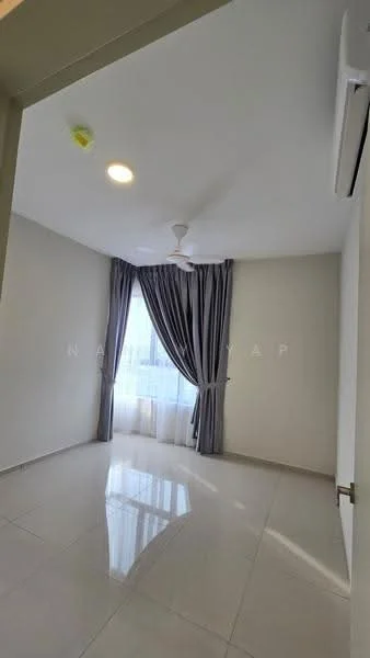 Room features: white painted walls, glossy tile flooring, ceiling fan, recessed downlights, floor-to-ceiling window, sheer curtains, air conditioning unit; style: modern; view: city.