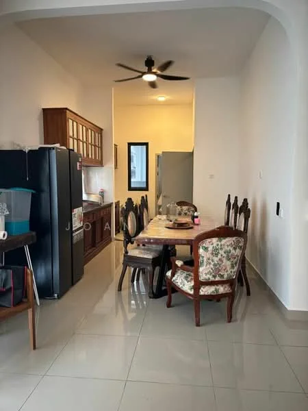 Dining features: dining table with 6 chairs, wooden dining table, floral upholstered chairs, 5-blade ceiling fan with light, white painted walls, glossy tile flooring, built-in wooden cabinetry, stainless-steel fridge, kitchen area visible in background; style: modern.