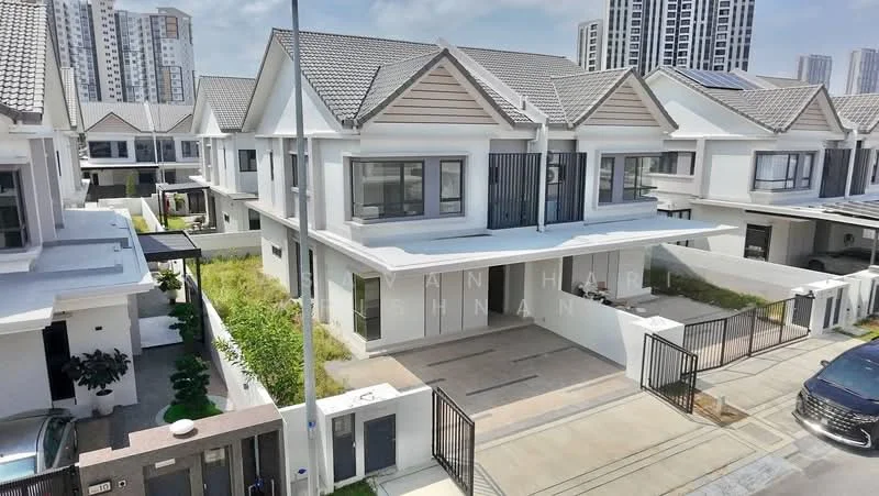 Exterior type: linked terrace house; features: white painted facade, grey tiled roof, manicured lawn, paved driveway, front gate, landscaped garden, multiple storeys, balconies on upper level, modern architectural design; style: modern.