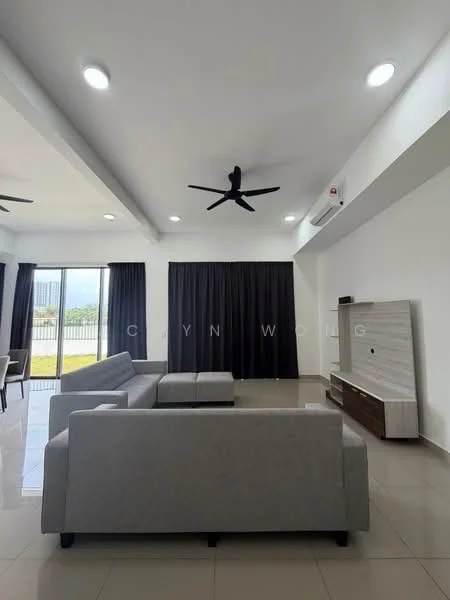 Living features: grey fabric sofa, 3-seater sofa, 2-seater sofa, coffee table, wall-mounted TV console, floor-to-ceiling windows, blackout curtains, recessed LED downlights, 2 ceiling fans, air conditioning unit, glossy tile flooring, white painted walls; style: modern; view: garden.