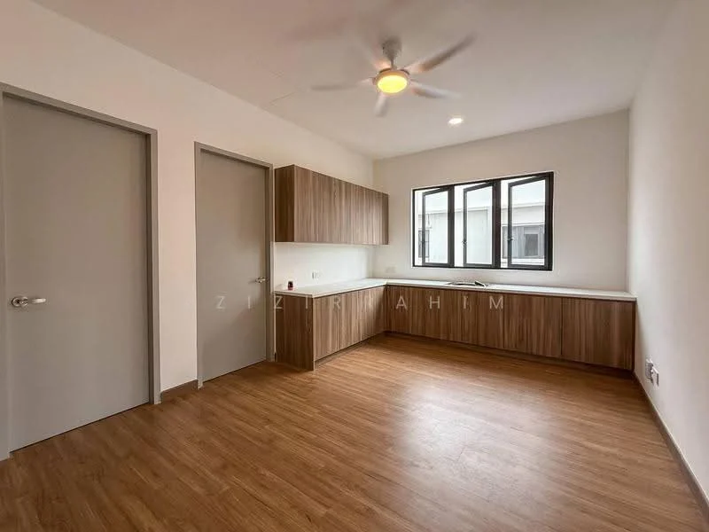Kitchen features: wood cabinetry, white countertop, single-bowl stainless-steel sink, chrome pull-down faucet, window with black frame, light wood laminate flooring, ceiling fan with light, grey painted walls; style: modern.