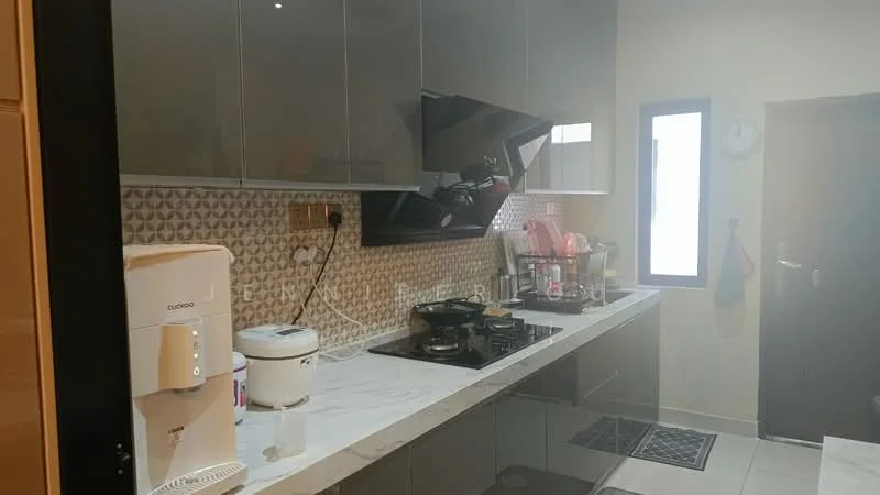 Kitchen features: grey high-gloss cabinetry, white marble countertop, stainless-steel sink, chrome pull-down faucet, built-in gas hob, exhaust hood, white tiled backsplash with geometric pattern, microwave, rice cooker, water dispenser, window with black frame, floor tiles in dark color, wall clock; style: modern.