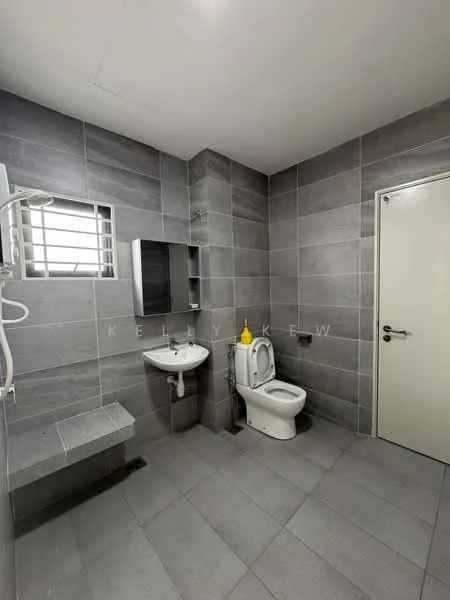 Bathroom features: grey ceramic tile flooring, grey tiled walls, white sink with chrome faucet, mirror above sink, one-piece toilet, window with horizontal bars, shower head with wall-mounted holder, built-in shelf, white door; style: modern.