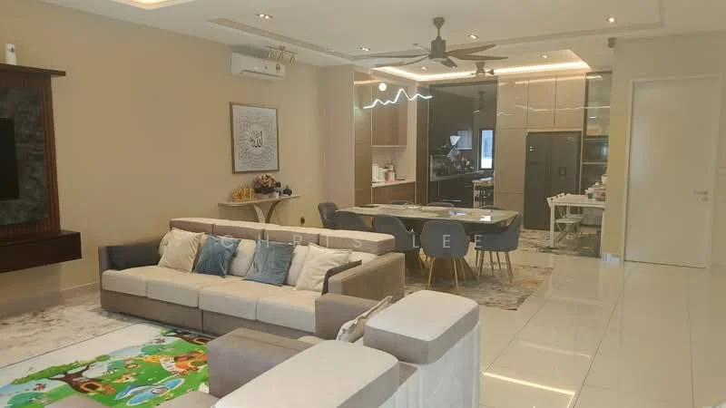 Living features: L-shape sectional sofa in beige, coffee table, area rug with geometric pattern, wall-mounted TV, built-in entertainment unit, recessed downlights, 5-blade ceiling fan with light, white painted walls, marble tile flooring, decorative wall art, sliding glass door, open layout to kitchen and dining area; style: modern. Kitchen features: kitchen island, stainless-steel fridge, built-in oven, freestanding range oven, white cabinetry, quartz countertop, pendant lighting, open shelving, tile backsplash; style: modern. Dining features: 6-seater dining table, upholstered dining chairs, decorative centerpiece, wall-mounted lighting, open layout to living area; style: modern.
