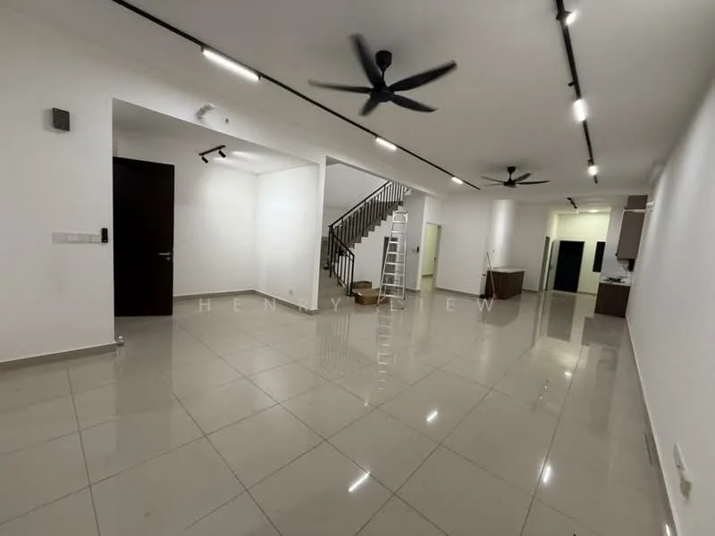 Living features: polished ceramic tile flooring, white painted walls, exposed ceiling with track lighting, 2 ceiling fans, staircase with metal railing, open layout, large windows, ladder, kitchen area visible in background; style: modern.