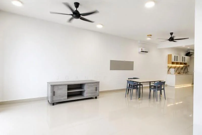 Living features: white painted walls, polished tile flooring, 2 ceiling fans, wall-mounted air conditioning unit, grey wooden TV console, dining table with 4 chairs, recessed downlights; style: modern.
