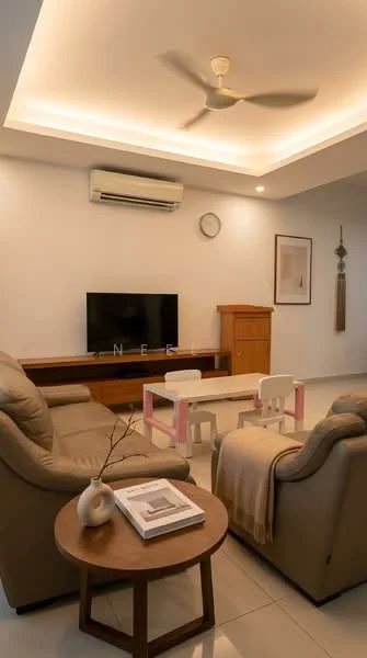 Living features: 3-seater leather sofa, 2-seater leather sofa, wooden coffee table, flat-screen TV, TV console, wall-mounted air conditioning unit, ceiling fan, recessed lighting, decorative wall clock, wooden cabinet, decorative wall hanging, light-colored tiled flooring, neutral wall color, throw blanket on sofa, decorative vase on coffee table; style: modern.
